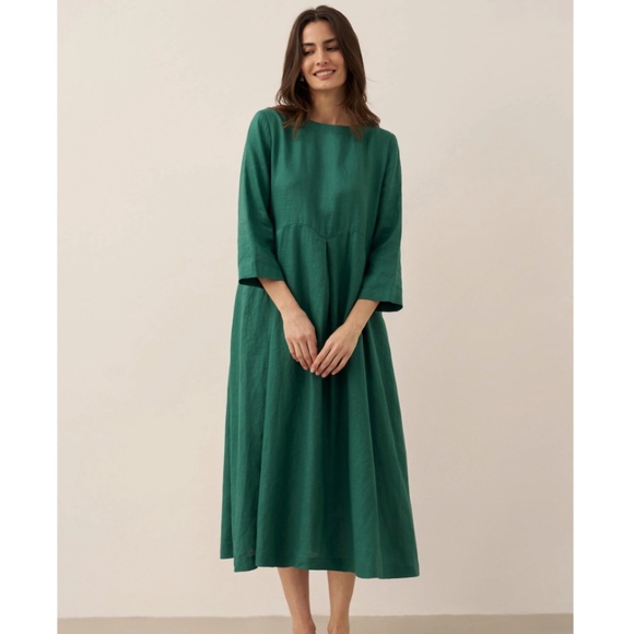 100% Linen Bateau Neck Pleated Maxi Dress, verdant green, brand new with tag on - Picture 5 of 8